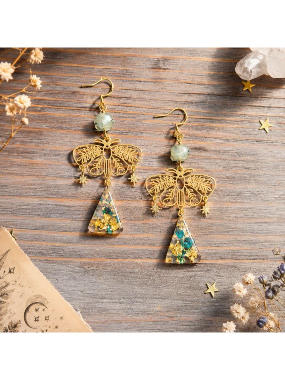 Moth Earrings Pressed Flower Earrings Green Gemstone Earrings Botanical Resin